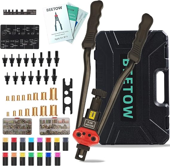 BEETOW 16-Inch Rivet Nut Tool Kit, Professional Rivnut Gun with 15 SAE & Metric Mandrels, 200 Rivet Nuts, Stroke Control & Hard Case - Ready to Use