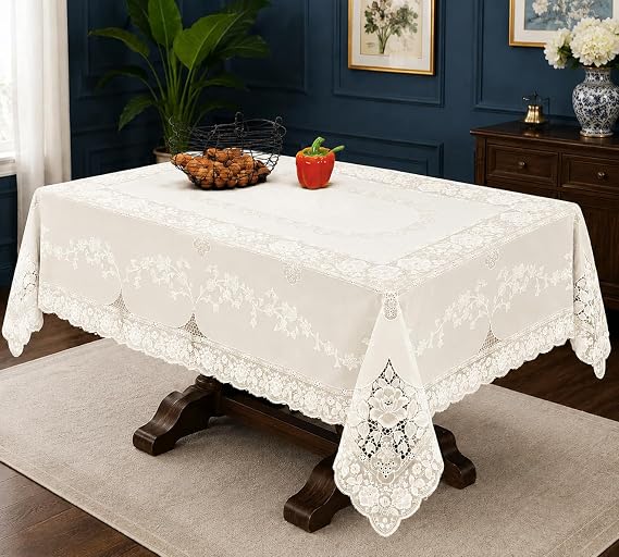 Violet Linen Vinyl Lace Betenburg Design Tablecloth Beige 54" by 72" Oblong/Rectangle