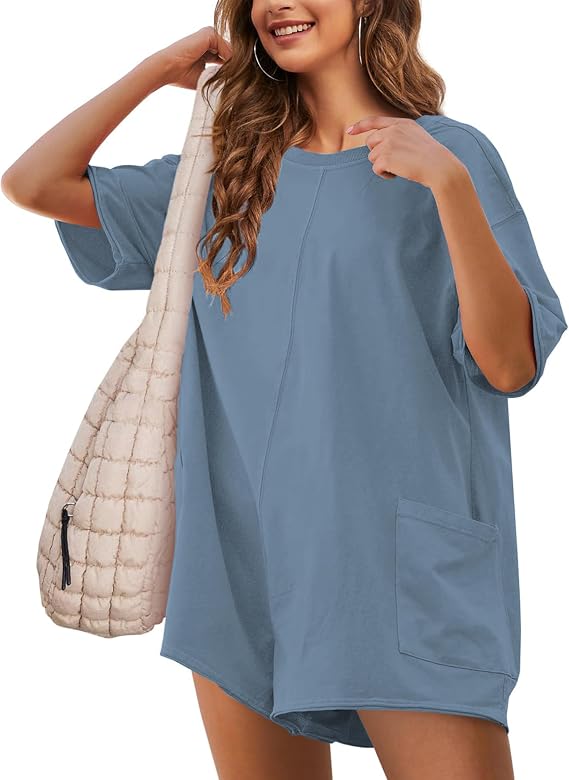 LTSCNRM Womens Tee Rompers Casual One Piece Hot Shot Oversized Overall Short Sleeve Reversible Athletic Workout Pockets