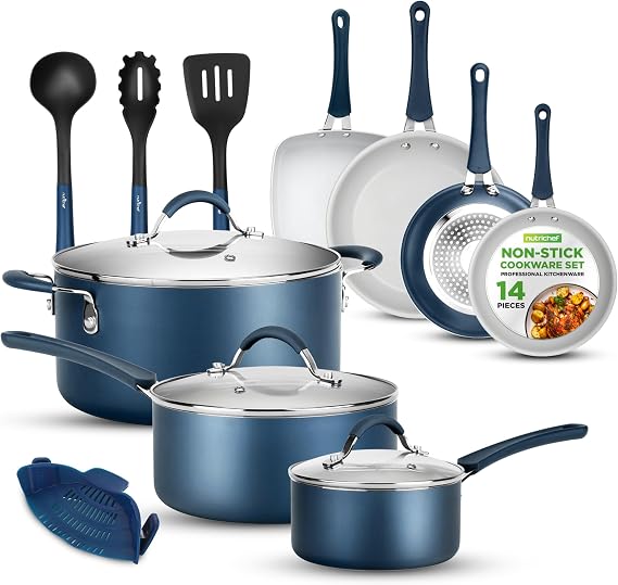 NutriChef High-Qualified Basic Kitchen Pots and Pans Set, 14 Piece Induction Compatible Nonstick Cookware Set- Non Toxic, Free of PTFE, PFOA, PFOS, Easy Clean and Release, One Size, Blue