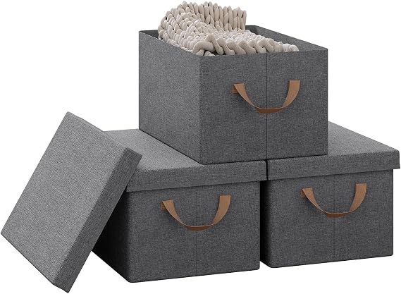 Woltu Storage Box with Lid Pack of 3 with Handles Grey 38 x 27 x 20 cm