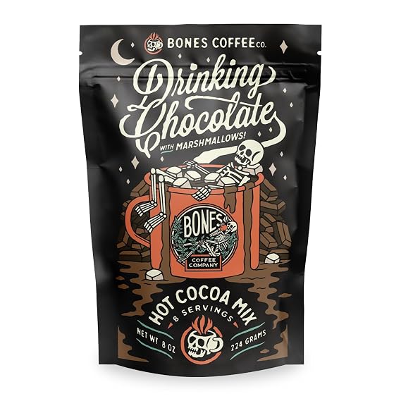 Bones Coffee Company Hot Chocolate Mix Dairy Free Hot Cocoa Powdered Drink with Natural Cane Sugar & Cacao Powder Drinking Chocolate with Mini Marshmallows, 8 Servings