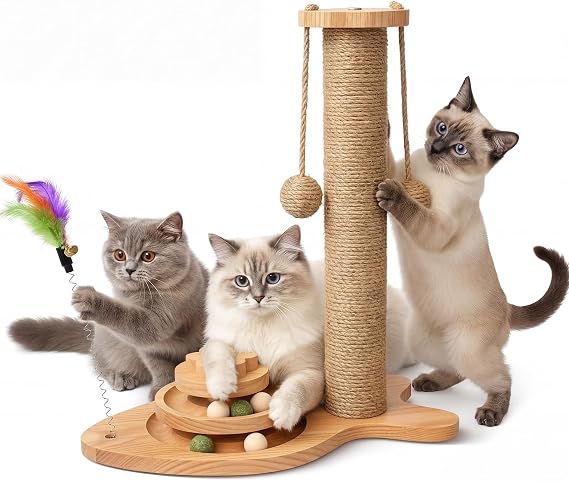 Multifunctional Cat Scratching Post – Scratching Post for Indoor Cats with Widened Solid Wood Base, Two Sisal Rope Balls, Interactive Track & Spring Feather Toy, 43cm Tall.
