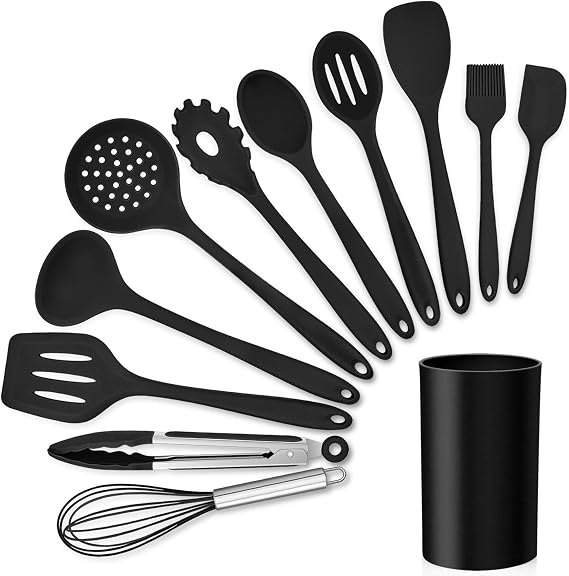 LIANYU 12-Piece Black Silicone Kitchen Cooking Utensils Set with Holder