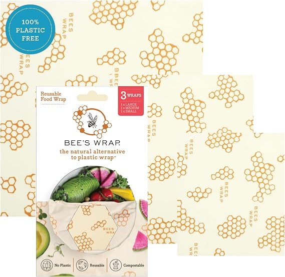 Bee's Wrap Beeswax Food Wraps, 3 Pack Assorted - Honeycomb | Organic Beeswax Wraps - Small, Medium & Large - Plastic Free - Reusable Food Storage - Cheese & Produce - Made in USA