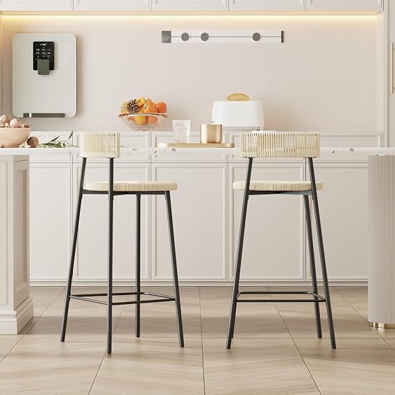 Hand-Woven Bar Stools with Back Support, Round Seat, Paper Rope Design, Set of 2 (Black+Creamy White)