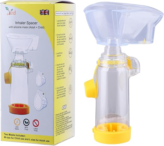 Inhaler Spacer with Silicone mask (Adult + Child),Anti-Static Spacer Device, Inhaler Chamber, use with Metered Dose Inhaler, BPA and Latex Free.(Yellow)