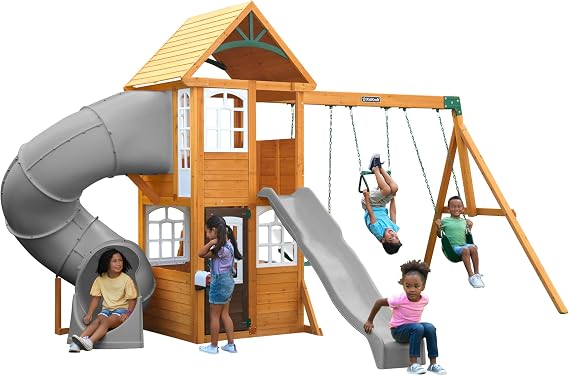 KidKraft Sterling Falls Wooden Swing Set/Playset with Clubhouse, Mailbox, Slide and Play Kitchen