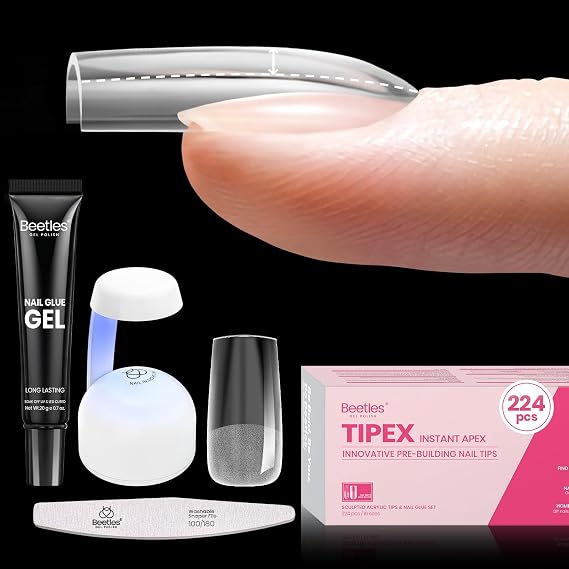 Beetles Tipex Gel Nail Kit, Square Medium Nail Tips 224 Pcs 16 Sizes Pre-Etched Apex Nails with Tipex Nail Glue Mini Nail Lamp - Thick Acrylic Set Pre-Builder Gel Press-on Nails