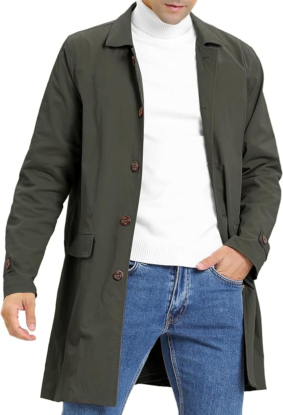 Coutgo Mens Trench Coat Single Breasted Long Jacket Windbreaker Overcoat