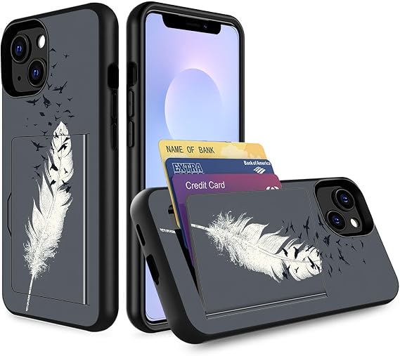 for iPhone 14 Plus Case with Card Holder,Heavy Duty Protective Dual Layer Shockproof Hidden Card Slot Slim Wallet Case for iPhone 14 Plus,White Feather with Birds