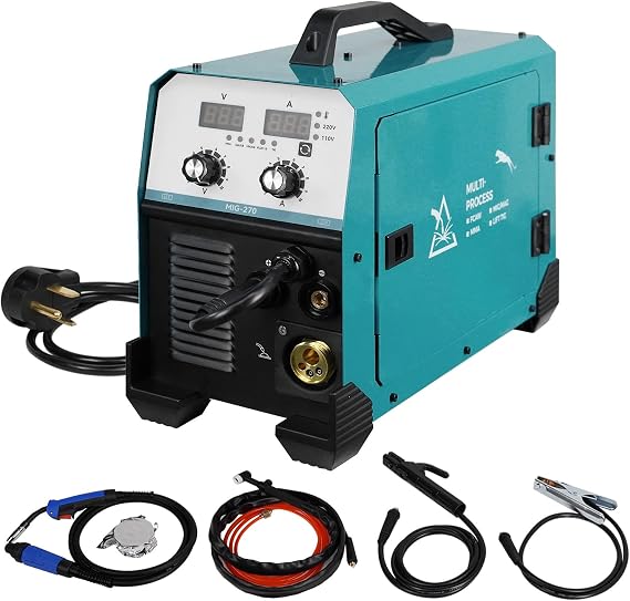 270Amp MIG Welder, 220V Flux Core,Gas, IGBT Inverter, Torch and 2lb Solid Welding Wire, Digital MIG Welder/Lift TIG/Stick 3 in 1 Welding Machine for Steel Welding, Car Repair, Building Works