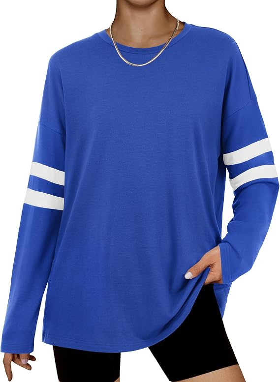 Gleeivy Women's Oversized T Shirts Striped Crewneck Sweatshirt Long Sleeve Casual Tees Color Block Tunic Tops Athletic Shirt