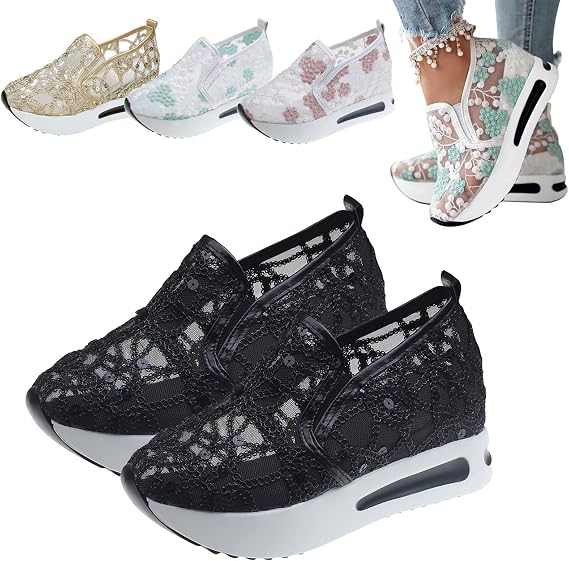 Floral Embroidery Breathable Sheer Mesh Sneakers, 2023 Spring Lace Mesh Casual Shoes, Floral Embroidery Sheer Mesh Sneakers for Women (US 8,Black)