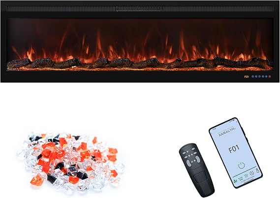 153cm Electric Fireplace Wall Mounted/Recessed Fire Places with surround 60inch Realistic Heating, 13 * 13 Flame Effect with Log& Crystals, Remote control Temperature& Timer, Black