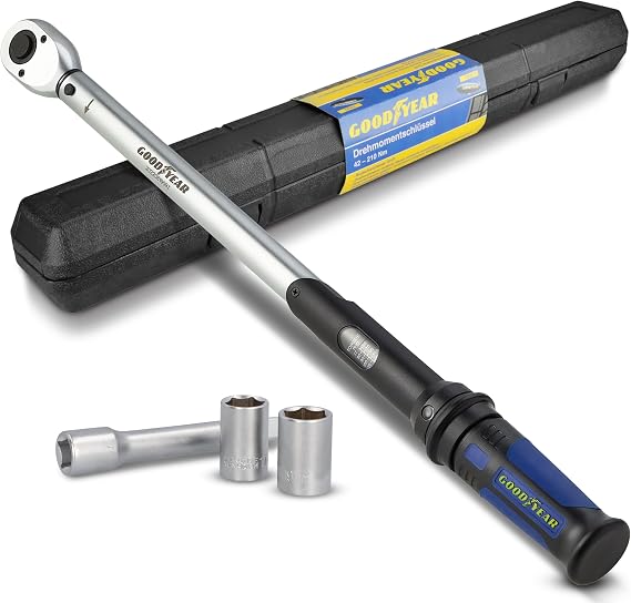 Goodyear Torque Wrench Adjustable from 42 to 210 Nm 1/2-Inch square Drive Incl. 17 and 19 mm Extension Sockets Blue Black Silver