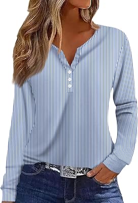 slqdgmryz Womens Long Sleeve Tops Fall Button V Neck Graphic Cute Shirts Dressy Casual Henley Tunic Tops Women Blouses