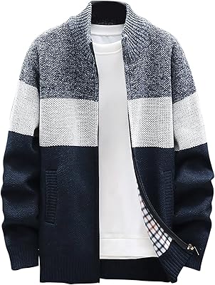 Striped Color Block Sweater Men Zip Up Cardigan Sweater Plus Size Long Sleeve Knit Cardigan Slim Fit Knit Sweater