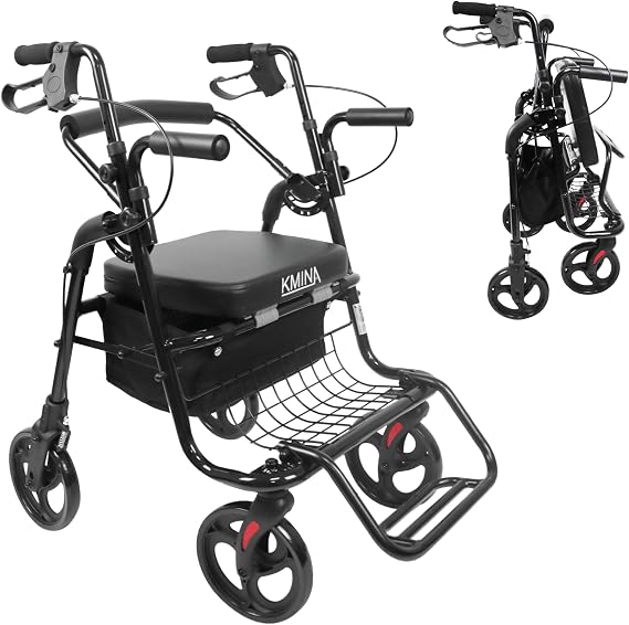 KMINA 2 in 1 Rollator Walker Wheelchair Combo, Folding Transport Chair