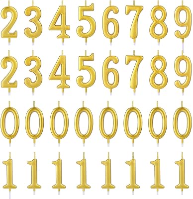 32 Pieces Number Birthday Candles Gold Cake Candles Number 0-9 Cake Decoration for Birthday Ten-Year Milestone Anniversary Wedding Party Celebration Gold