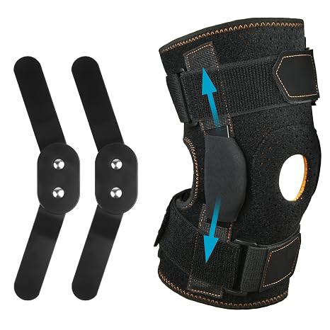 AOOWU Hinged Knee Support Brace, Adjustable Open Patella, Hinged Knee Support with Parallel Straps & Dual Side Stabilizers