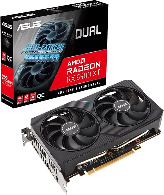ASUS Dual AMD Radeon RX 6500 XT OC Edition 4GB GDDR6 Gaming Graphics Card (AMD RDNA 2, PCIe 4.0, 4GB GDDR6 Memory, HDMI 2.1, DisplayPort 1.4a, Axial-tech Fan Design, 0dB Technology),