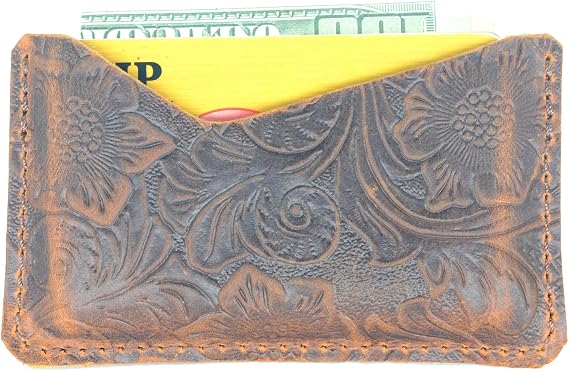 JJNUSA Handmade Leather Business Card Case Holder for Men & Women Minimalist Leather Wallet Card Holder Distressed Gifts Flower brown