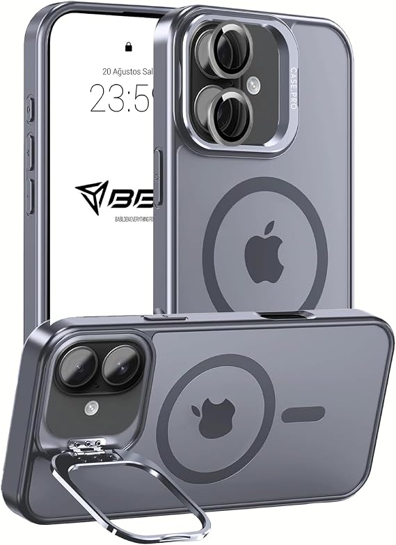 Babilden iPhone 17 İçin Kılıf Kamera Korumalı Magsafe İle Uyumlu Kablosuz Şarj Özellikli Mat Şeffaf Renkli Standlı Lens Hediyeli Telefon Kılıfı (Gri)