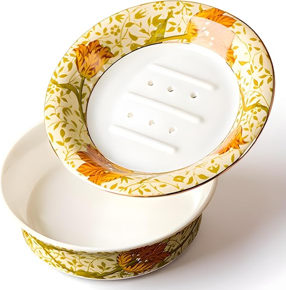 Ceramic Soap Dish, Floral Soap Holder for Bathroom Sink | Decorative floral ceramic soap tray for bar soap, sponge & sink use; bathroom or kitchen counter, gift-ready