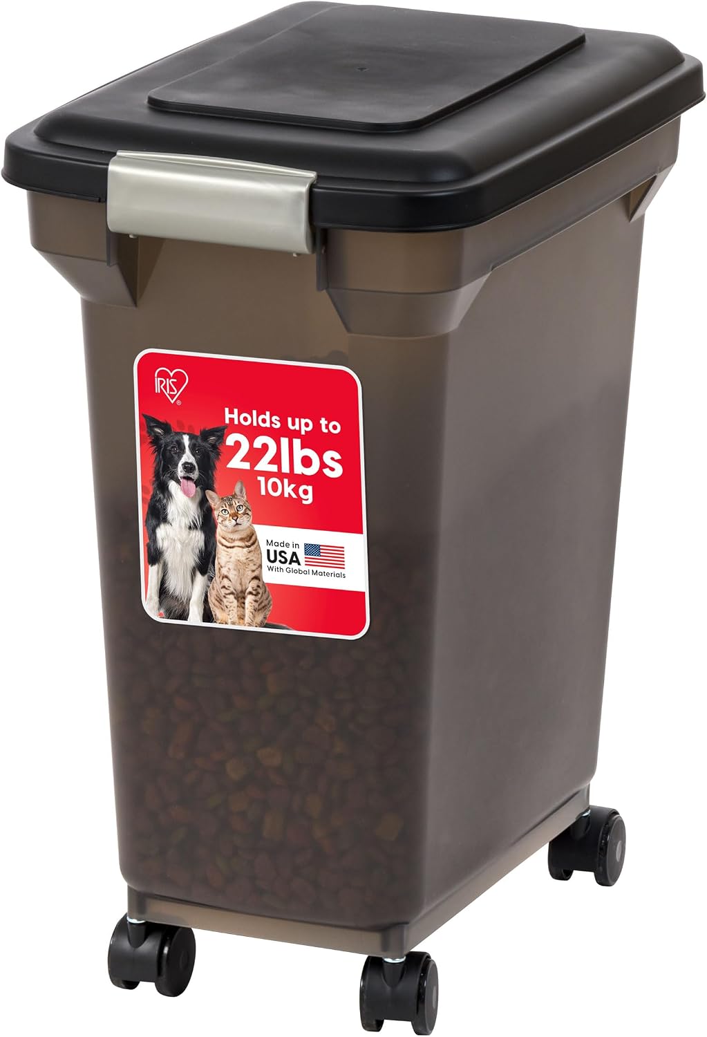 IRIS USA 22 Lbs  28 Qt WeatherPro Airtight Pet Food Storage Container with Attachable Casters, For Dog Cat Bird and Other Pet Food Storage Bin, Keep Fresh, Easy Mobility, BPA Free, Smoke