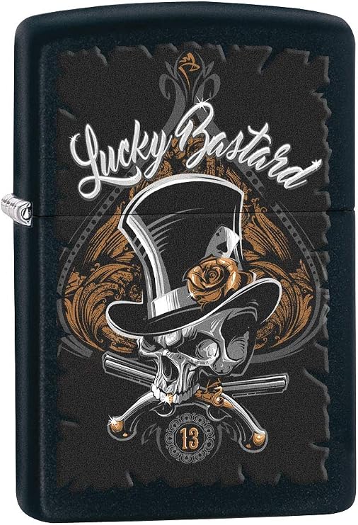 Zippo Lighter: Lucky Bastard Skull - Black Matte 80196