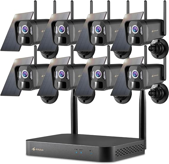 Kittyhok Solar Security Camera System, 4pcs Black 2K Wireless Solar Security Camera Outdoor, Human Detection, Spotlight, 10CH NVR, Local Storage, No Monthly Fee