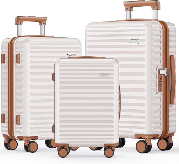 SHOWKOO Suitcase Sets 3 Piece Expandable Hardshell PC Luggage, Beige White