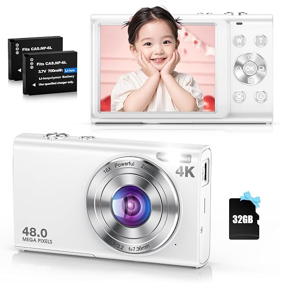 Digital Camera, 4K Digital Camera, Autofocus, 48 Million Pixels, Compact Digital Camera, 16x Digital Zoom, Image Stabilization, Vlog Selfie, Compact Camera, 2.8 Inch IPS Screen, 32 GB MicroSD Card