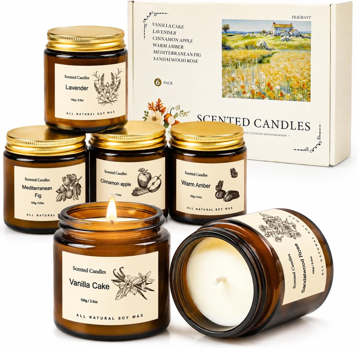 Aromatherapy Candles in Glass Jars with Cinnamon Apple,Vanilla Cake,Lavender,Amber Scented Candles Gifts for Women Soy Wax Candle for Staff,Couples,Mum,Friend Thank You Candle Female Present Ideas [Energy Class A+++]