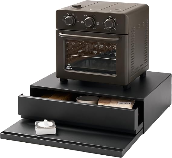 YAMAZAKI Home Tower Kitchen Countertop Organizer Appliance Stand with Drawer and Pull-Out Shelf Steel Microwave Stand with Drawer, Modern Countertop Shelf Organizer, Black - Steel