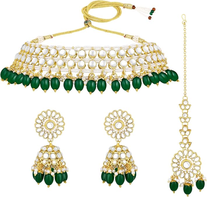 Aheli Kundan Studded Choker Necklace Jhumki Earrings With Maang Tikka Ethnic Fashion Bharatanatyam jewellery set Gift for Women