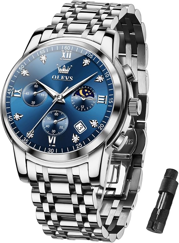 OLEVS Men's Waterproof Quartz Watch, Chronograph Stainless Steel Analog Watch for Men Functional Dial with Date Diamond Luminous Business Men's Watch