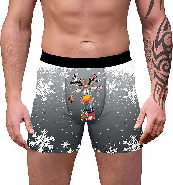Christmas Underwear Men, Mens Pants Boxers, 3d Novelty Xmas Underpants Breathable Comfortable Boxers Reindeer Snowflake Santa Claus Printed Retro Design Trunks Christmas Special Boyshort Style Soft
