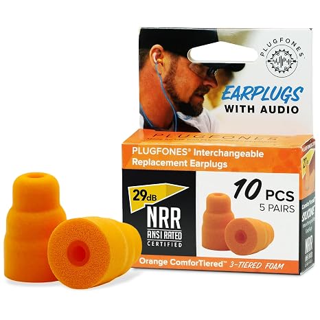 Plugfones Replacement Ear Plugs, Reusable Foam Tips, ComforTiered, 5 Pairs