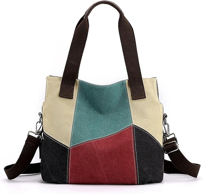 Patchwork Canvas Tote Bag for Women, Large Color-blocking Crossbody Shoulder Bag Shopping Bag