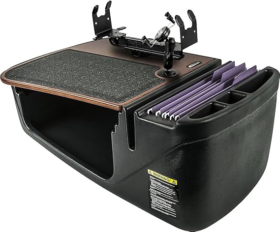 AutoExec AUE05300 Efficiency GripMaster Car Desk Mahogany Finish with Phone Mount and Printer Stand