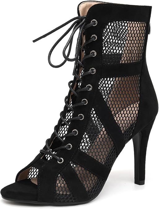 Women Ankle Dance Boots Lace up Open Toe Latin Salsa Ballrooom Performence Practice Party Dancing Shoes, Model DS-789RM
