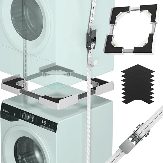Washer Dryer Stacking Kit, Universal Stacking Kit for Washer and Dryer, Adjustable Frame for 45~68cm Stackable Washer and Dryer Stacking with Ratchet Strap (White)