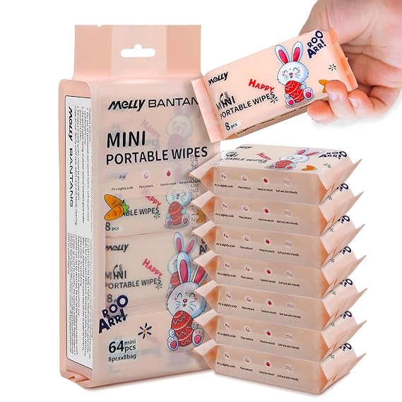 Wet Wipe Travel Size, Mini Makeup Wipes | Easy Portability, Skin-Friendly Ingredients, 3 Pack Total 64 Wipes, Pink