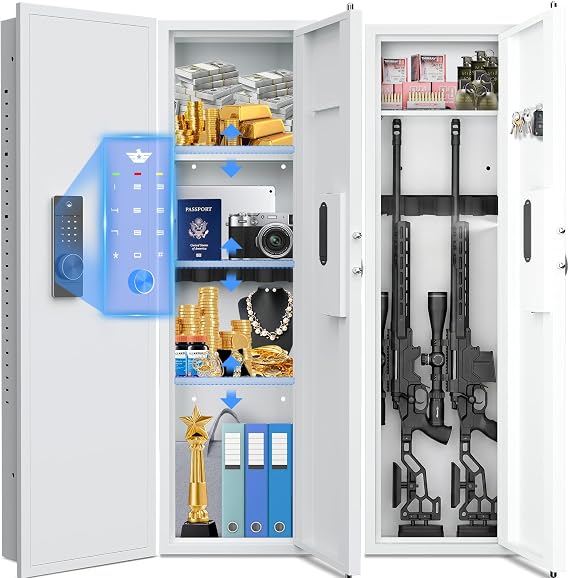 53"Tall Wall Safe Between the Studs, Wall Gun Safe with Digital Lock Dual Alarm System & Silent Mode,3 Adjustable Shelves and Magnetic Slot (White-Digital Safe)