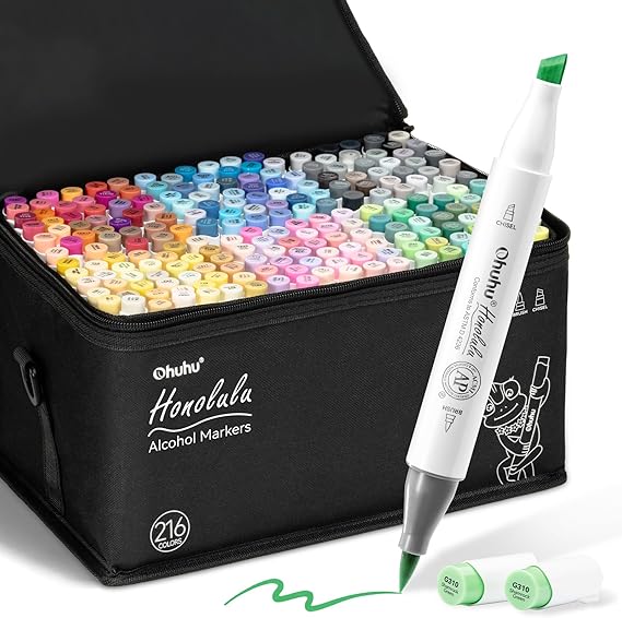 Ohuhu Alcohol Markers 216 Colors Brush& Chisel for Adults Cozy Coloring