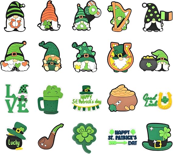 Pwsap Happy St.Patricks Shoe Decoration Charms,Lucky Clover Gnome Shoe Charms for Clog Sandals Wristband Bracelet, Green PVC CLOG Charms Accessories