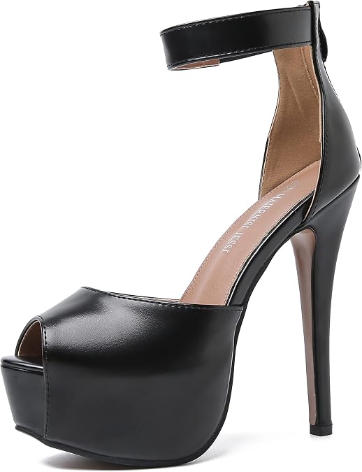 MAIERNISI JESSI Women's Platform High Heel Sandals, Ankle Strap, Peep Toe, Stiletto Heels, Zip