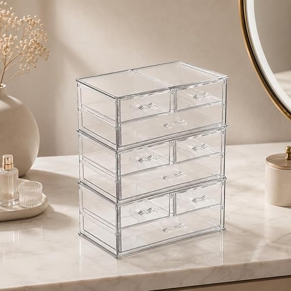 6 Katlı 9 Çekmeceli Şeffaf Organizer 24x14x30 cm, Makyaj Takı Kozmetik ve Masaüstü Düzenleyici Saklama Kutusu